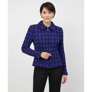 ST JOHN Womens Knit Jacket Blue Black Houndstooth Zipper Collar Blazer Top